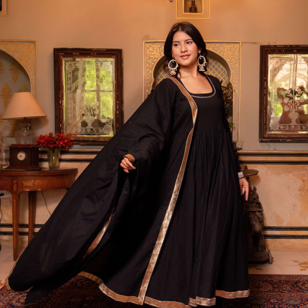 Pomcha Jaipur Gaurangi Aarya Black Cotton Anarkali Set - Distacart