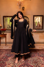Thumbnail for Pomcha Jaipur Gaurangi Aarya Black Cotton Anarkali Set