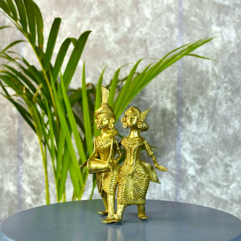 Sowpeace Artisanal Brass Dhokra Sculpture: Tribal Couple with Dhol