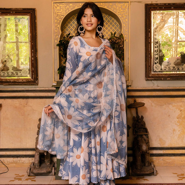 Pomcha Jaipur Gaurangi White Phool Powder Blue Anarkali Set - Distacart