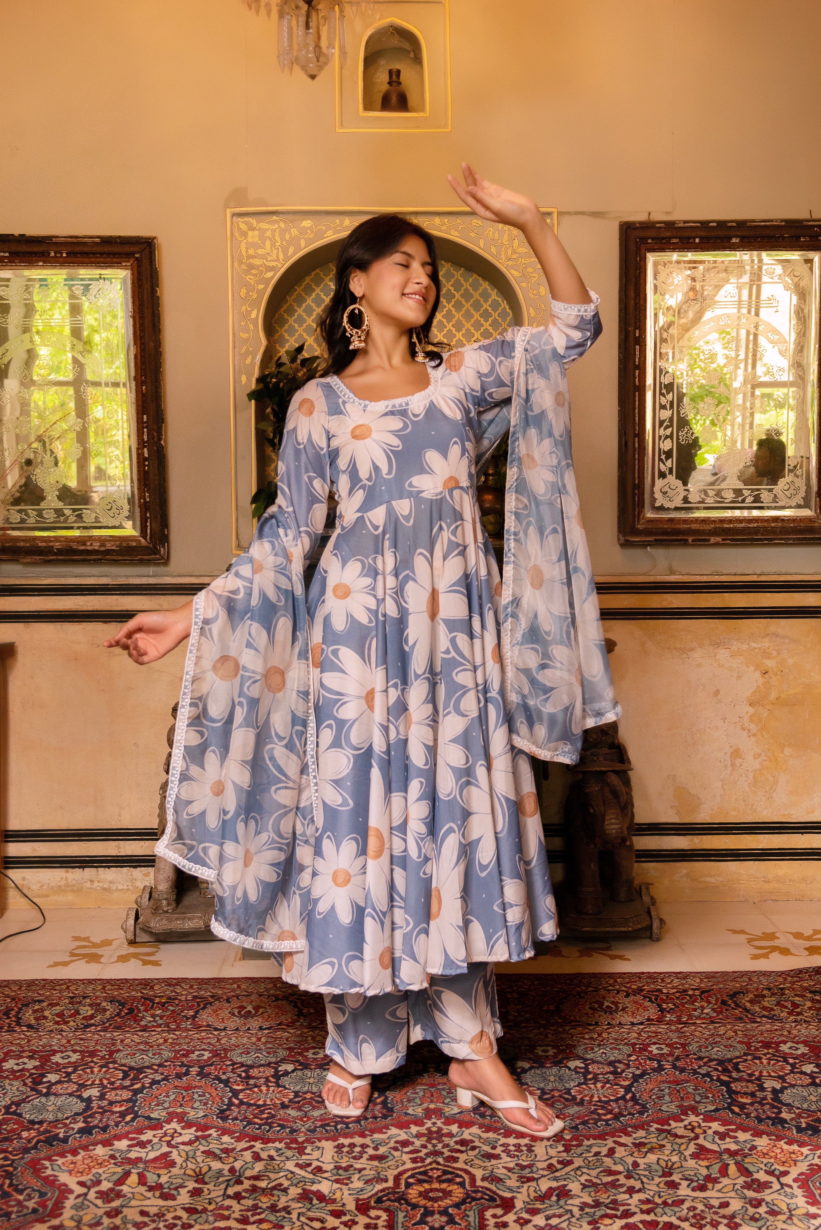Pomcha Jaipur Gaurangi White Phool Powder Blue Anarkali Set