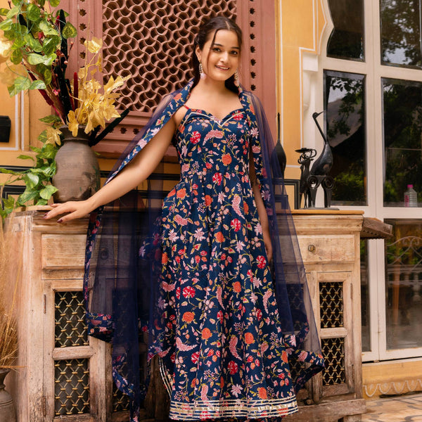 Pomcha Jaipur Gaurangi Prisha Blue Printed Cotton Anarkali Set - Distacart