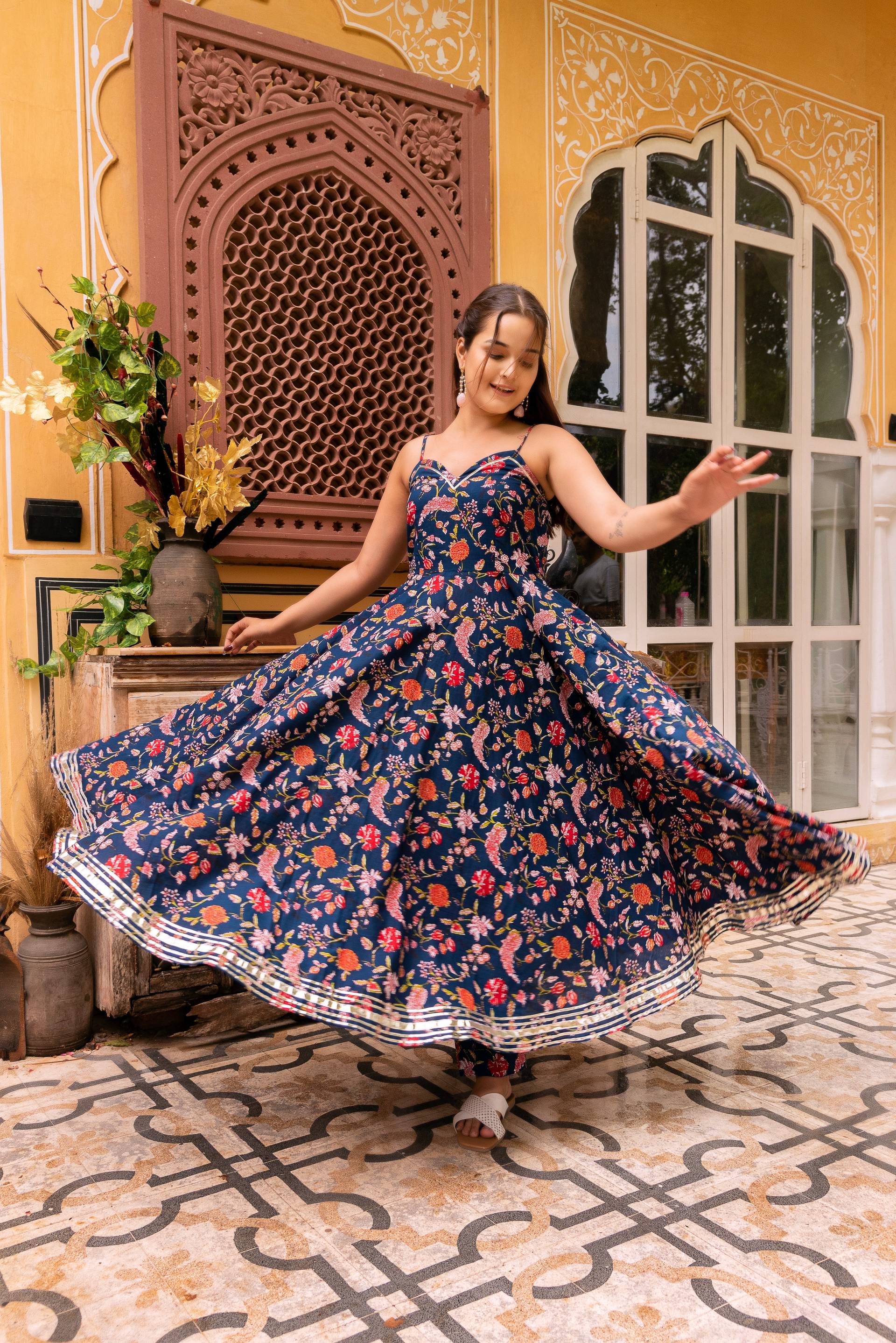 Pomcha Jaipur Gaurangi Prisha Blue Printed Cotton Anarkali Set - Distacart