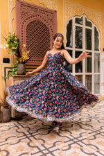 Thumbnail for Pomcha Jaipur Gaurangi Prisha Blue Printed Cotton Anarkali Set
