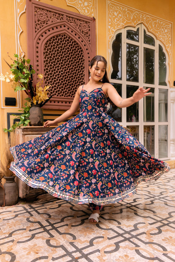 Pomcha Jaipur Gaurangi Prisha Blue Printed Cotton Anarkali Set
