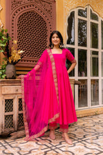 Thumbnail for Pomcha Jaipur Gaurangi Raani Pink Gota Lace Embroidery Cotton Anarkali Set