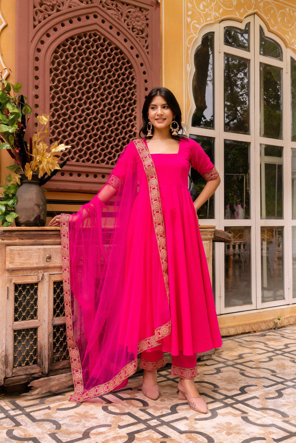 Pomcha Jaipur Gaurangi Raani Pink Gota Lace Embroidery Cotton Anarkali Set