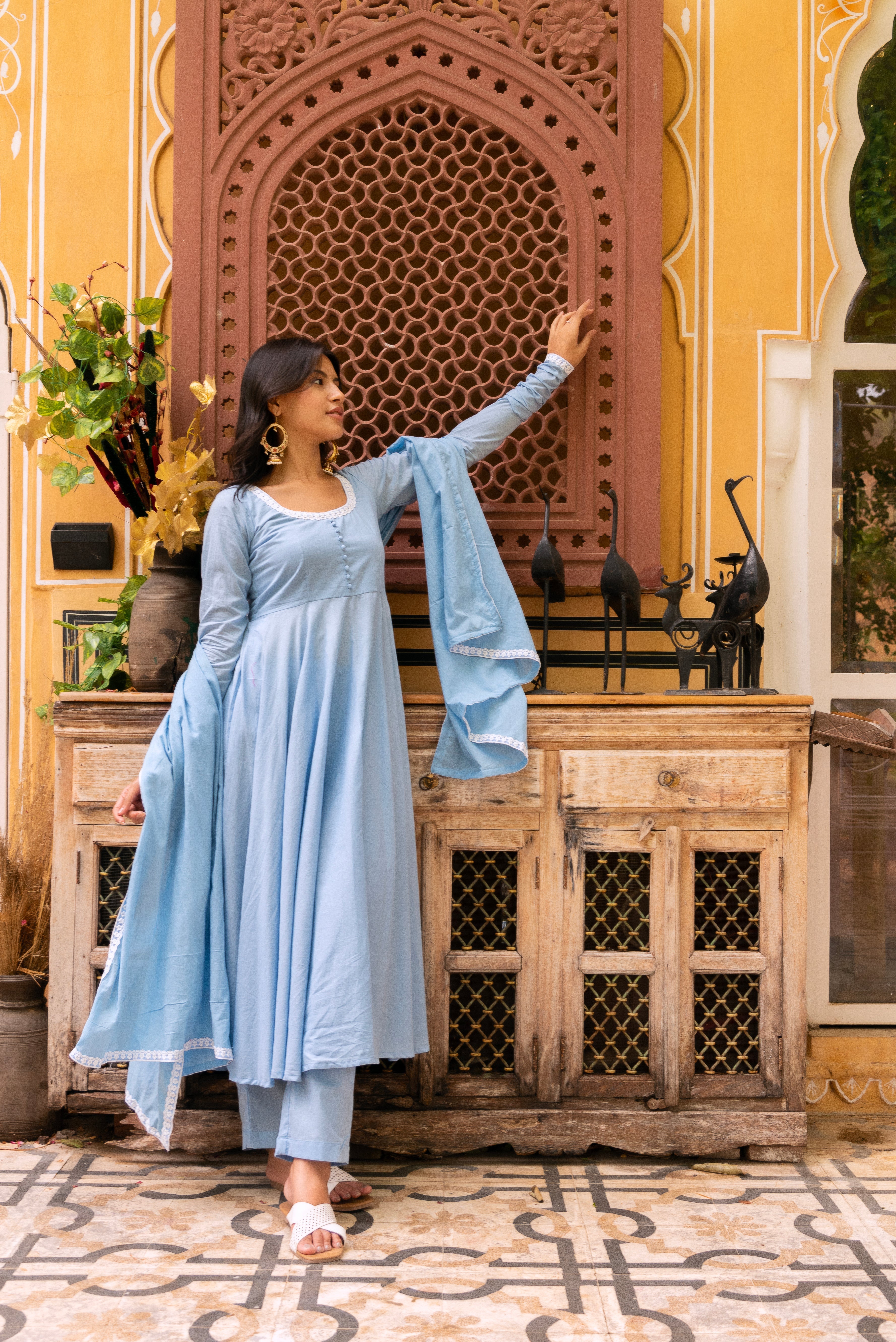 Pomcha Jaipur Gaurangi Aasma Embroidery Cotton Anarkali Set