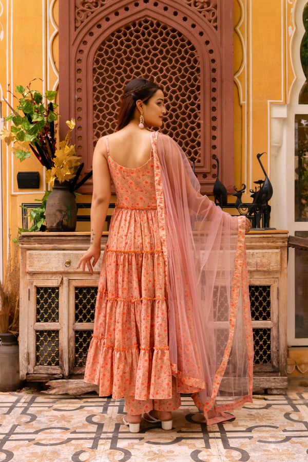 Pomcha Jaipur Gaurangi Trishika Peach Cotton Tiered Anarkali Set
