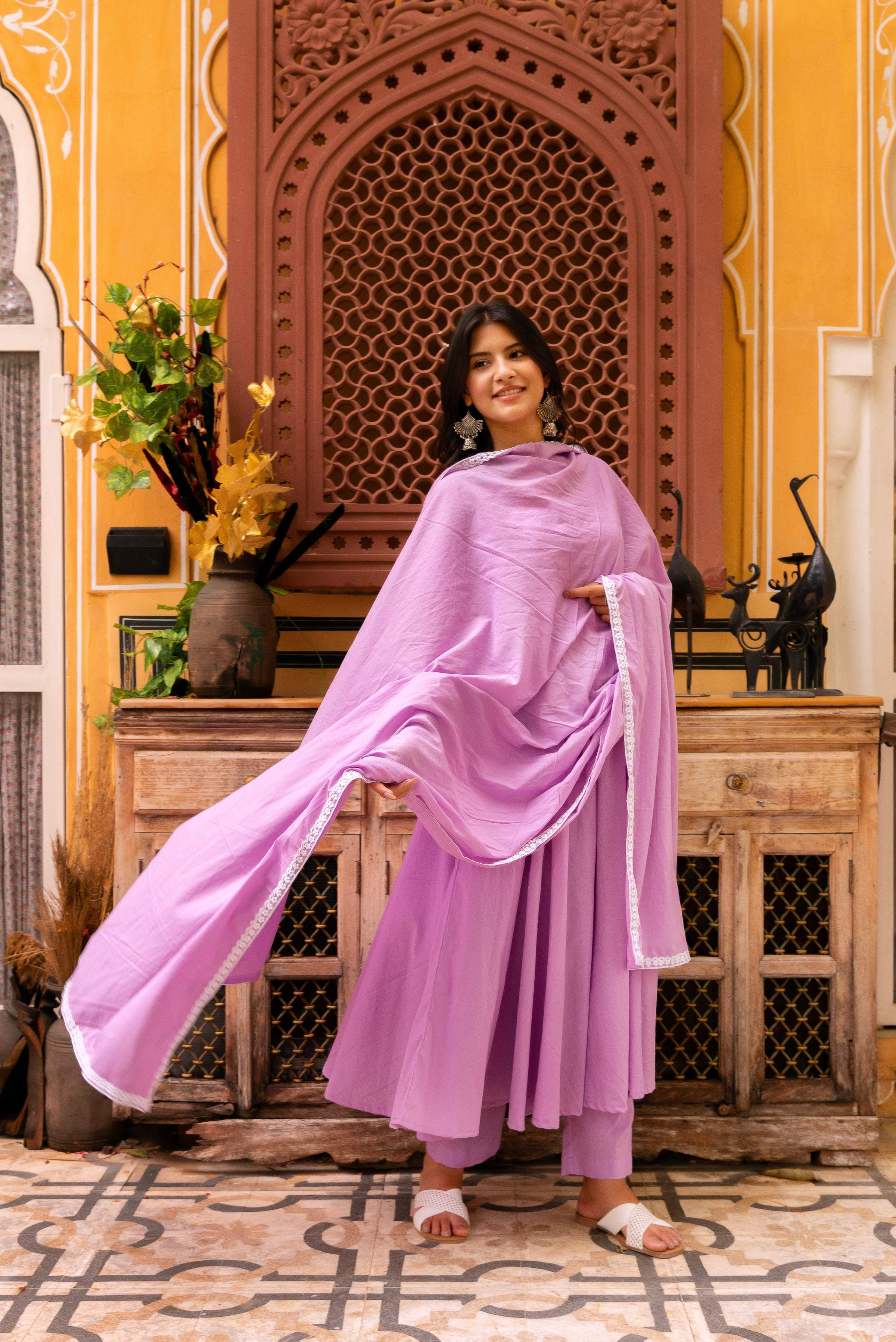 Pomcha Jaipur Gaurangi Lilac Embroidery Cotton Anarkali Set