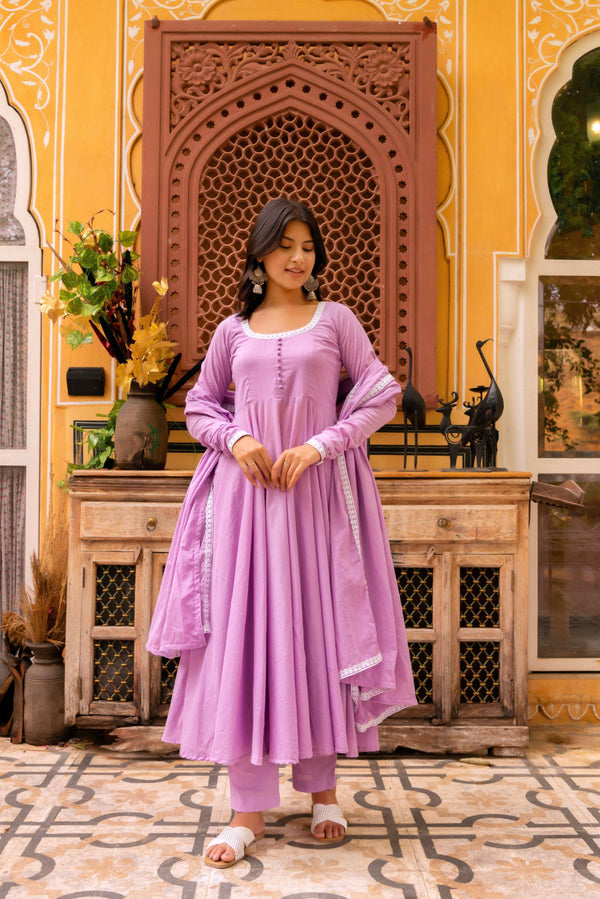 Pomcha Jaipur Gaurangi Lilac Embroidery Cotton Anarkali Set
