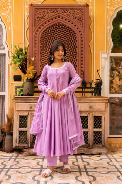 Pomcha Jaipur Gaurangi Lilac Embroidery Cotton Anarkali Set