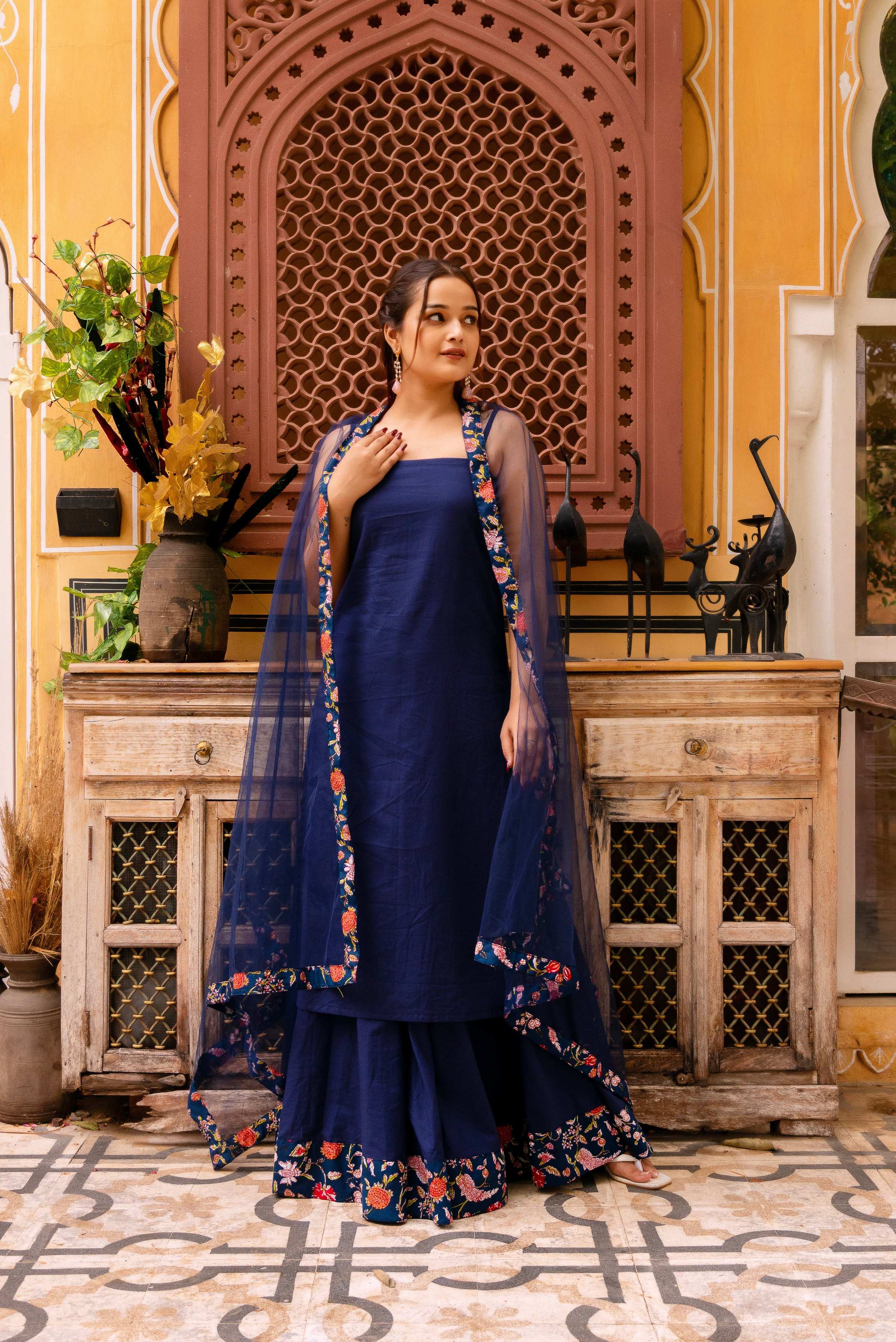 Pomcha Jaipur Gaurangi Roop Blue Cotton Kurta Skirt Set - Distacart