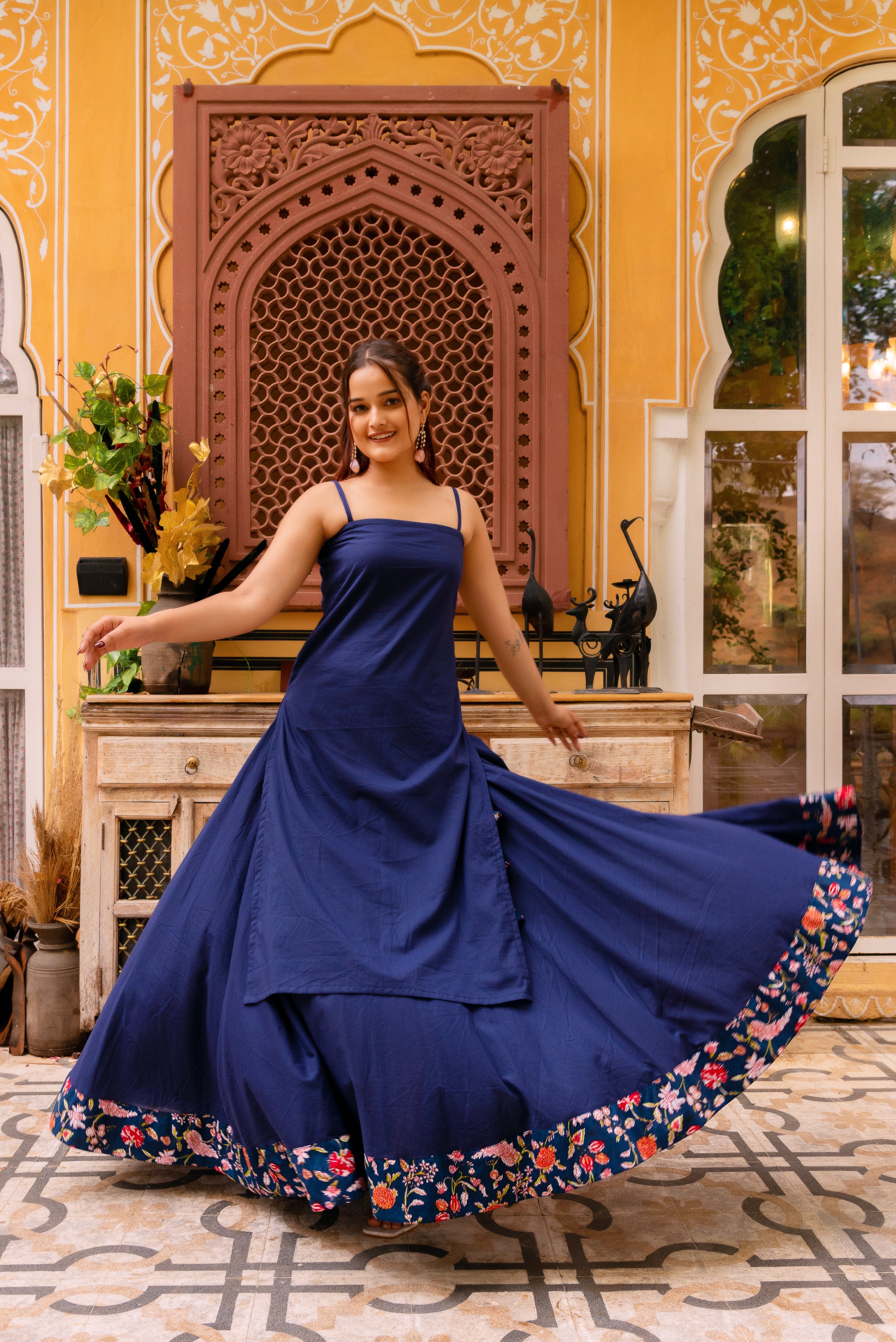 Pomcha Jaipur Gaurangi Roop Blue Cotton Kurta Skirt Set