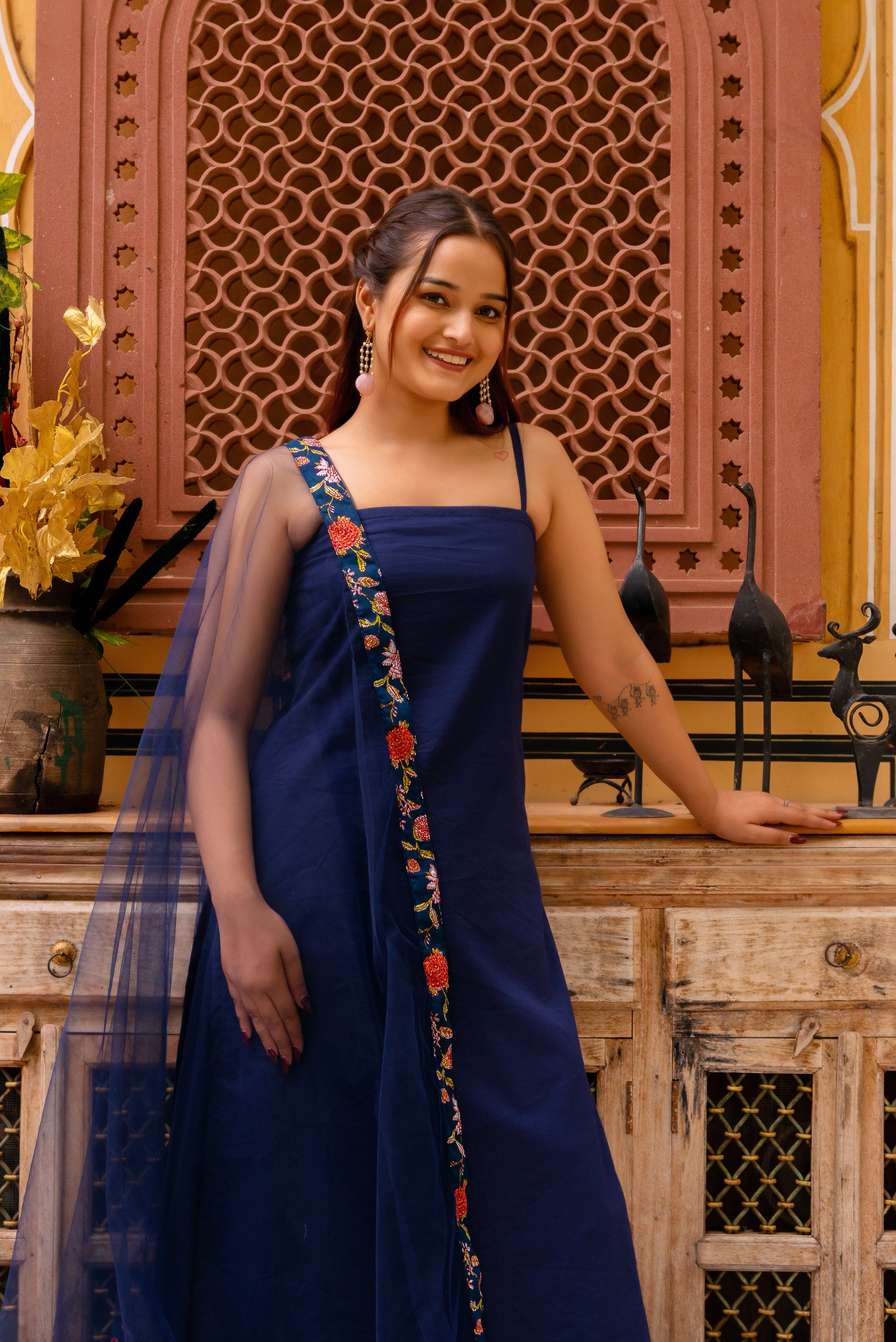 Pomcha Jaipur Gaurangi Roop Blue Cotton Kurta Skirt Set