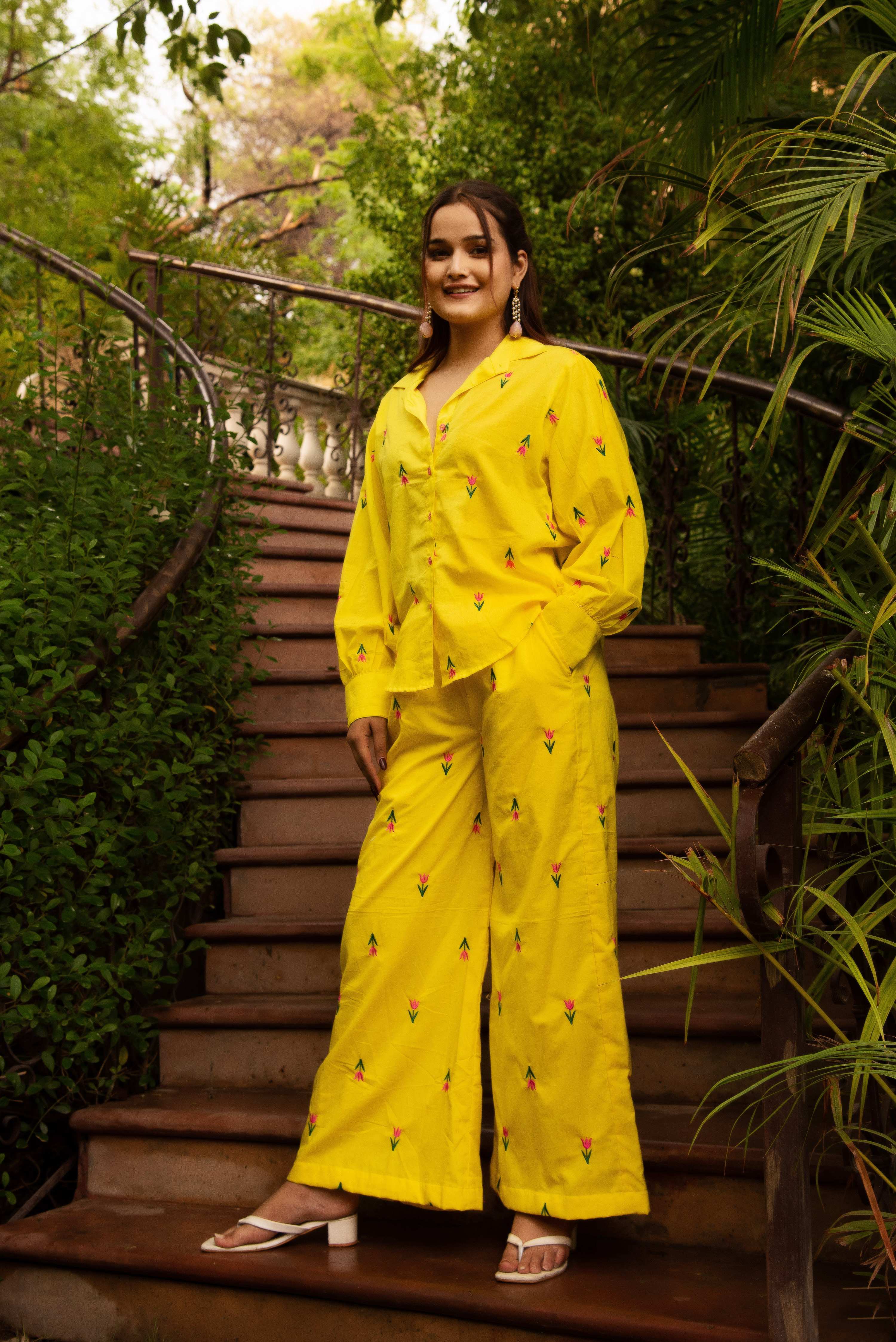Pomcha Jaipur Gaurangi Ira Yellow Embroidery Co-Ord Set - Distacart