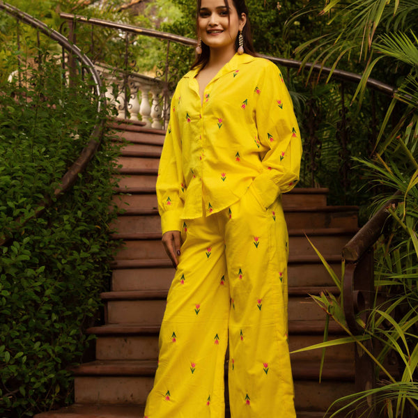 Pomcha Jaipur Gaurangi Ira Yellow Embroidery Co-Ord Set - Distacart