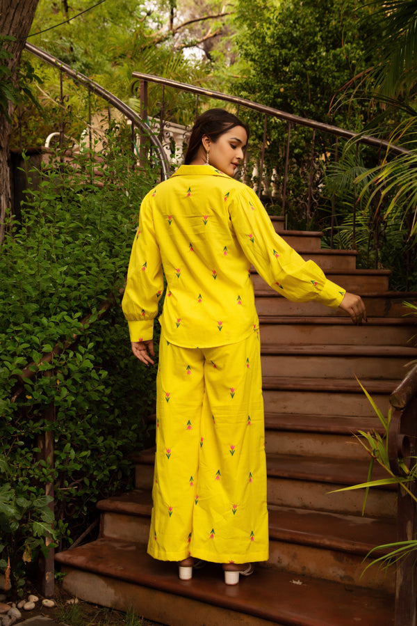 Pomcha Jaipur Gaurangi Ira Yellow Embroidery Co-Ord Set