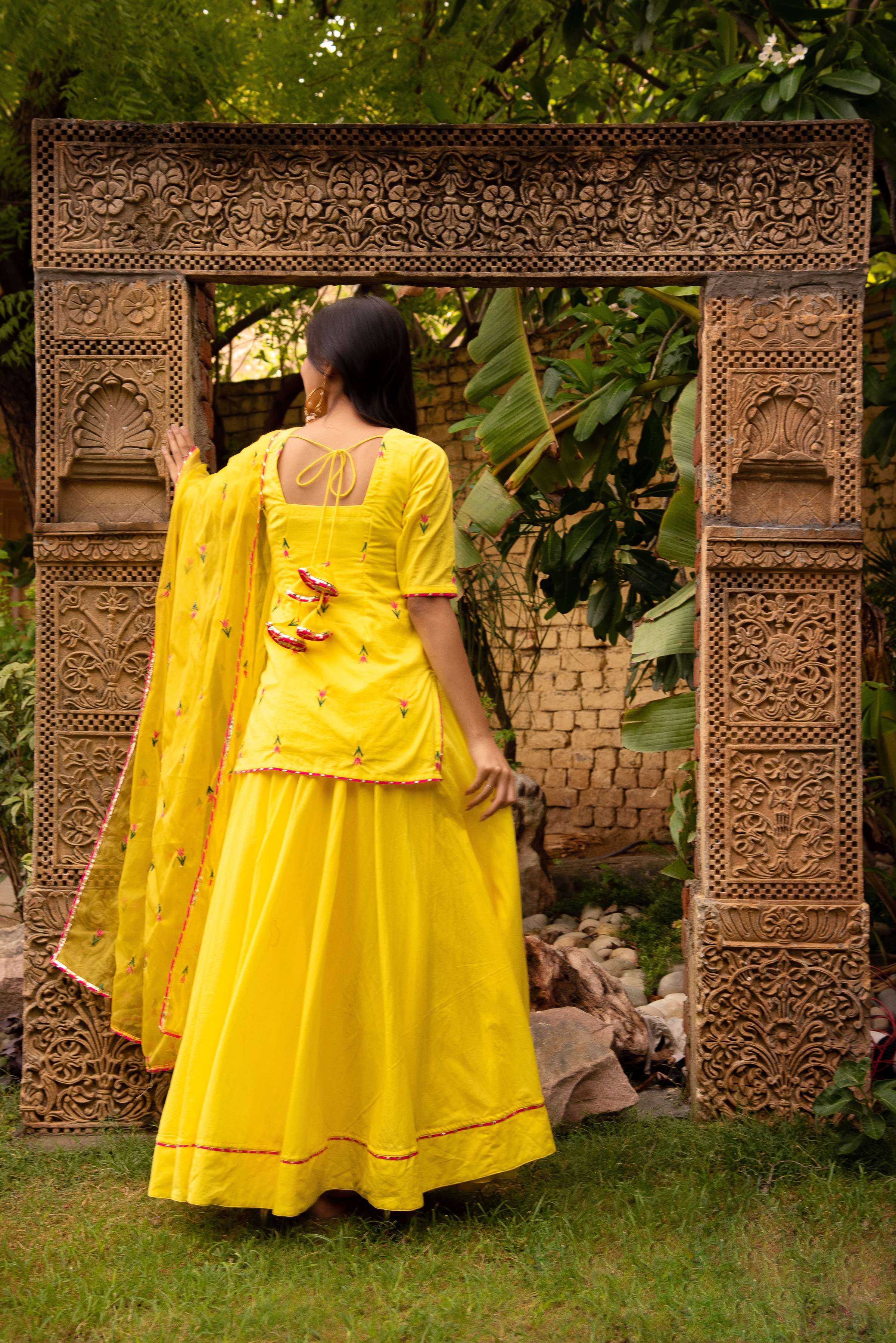 Pomcha Jaipur Gaurangi Ira Yellow Embroidery Lehenga Set - Distacart