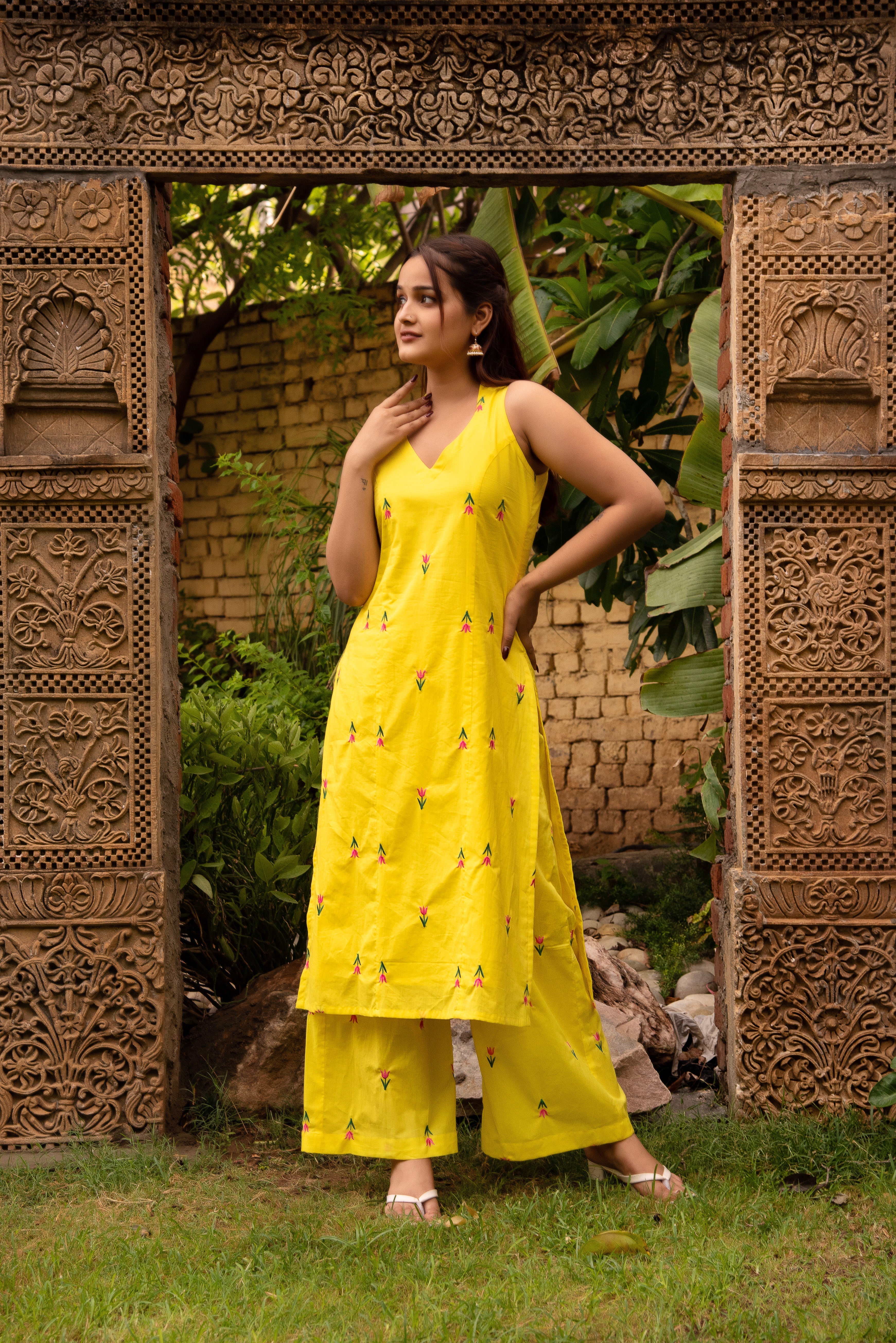Pomcha Jaipur Gaurangi Ira Yellow Embroidery Suit Set