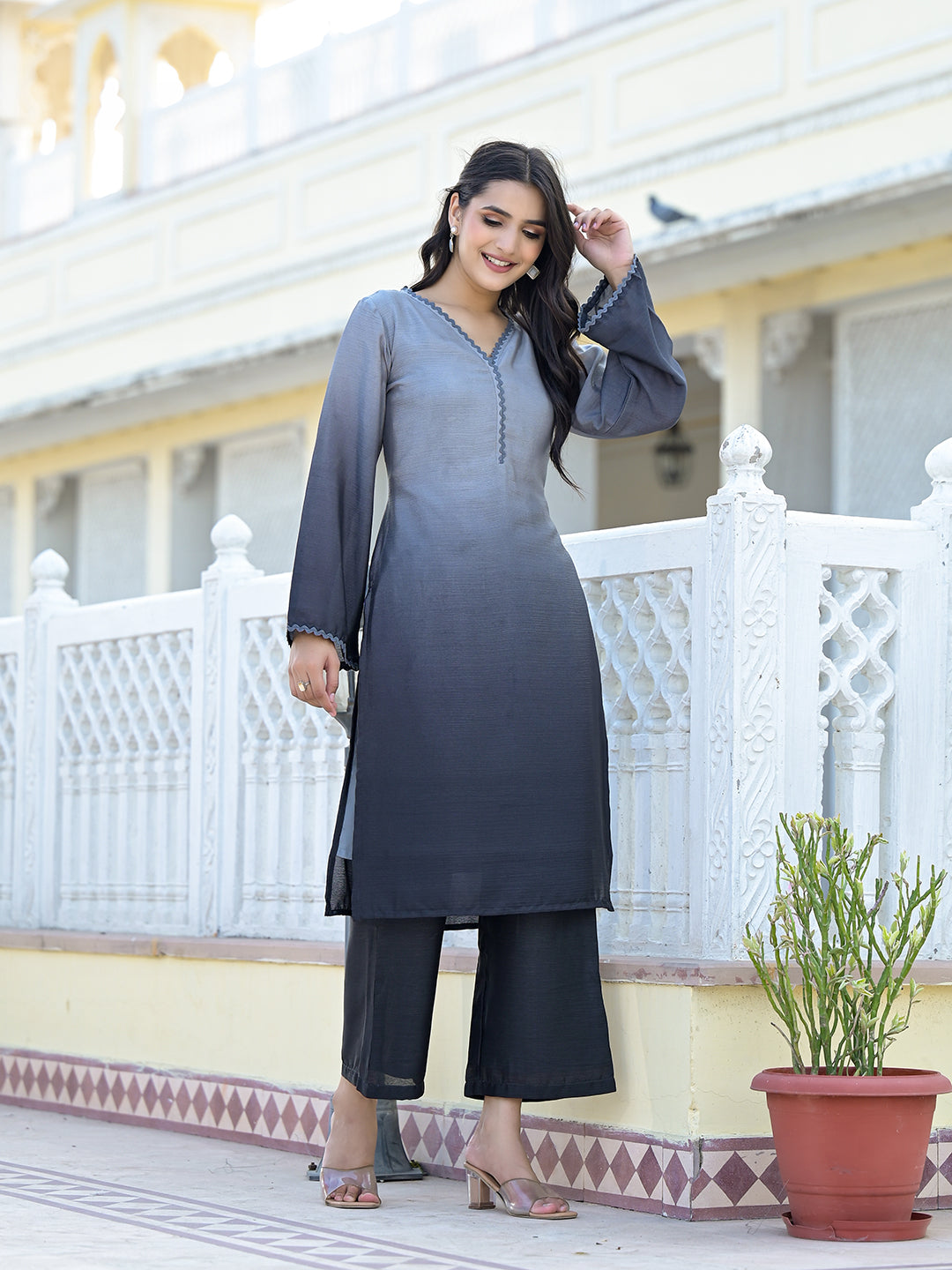 Varanga Women Ombre Grey A-Line Kurta Set - Distacart