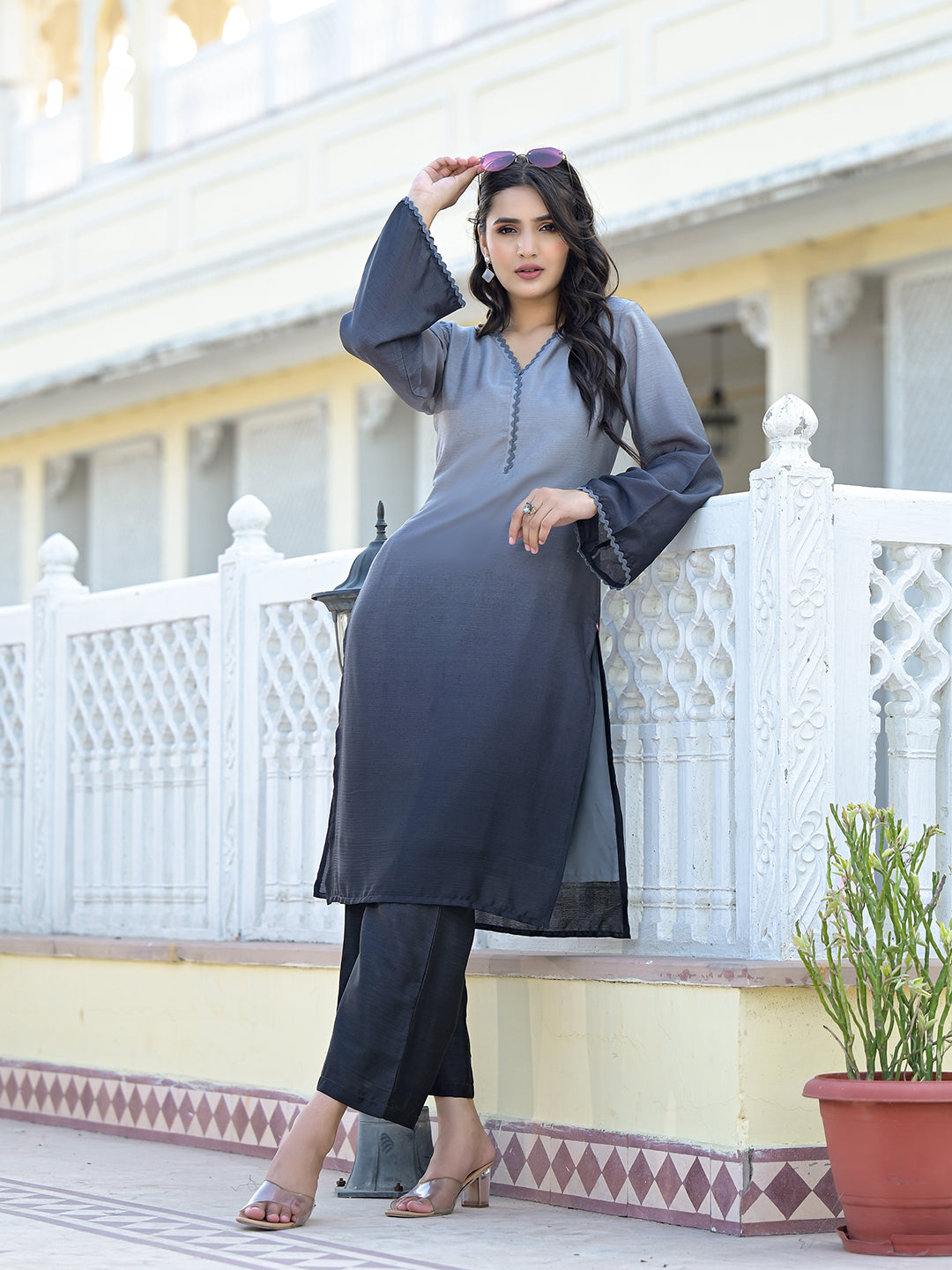 Varanga Women Ombre Grey A-Line Kurta Set - Distacart
