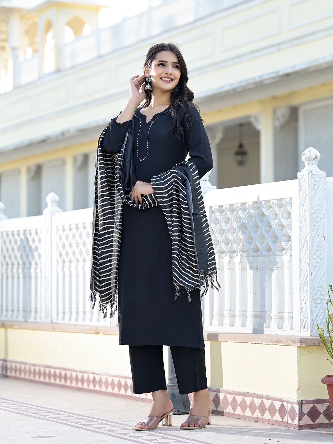 Varanga Women Black Crepe Gota Kurta With Bottom And Dupatta - Distacart