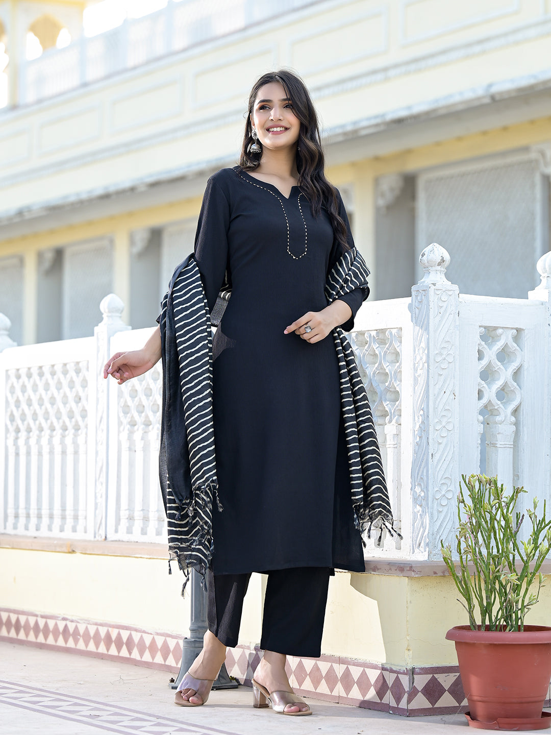Varanga Women Black Crepe Gota Kurta With Bottom And Dupatta - Distacart
