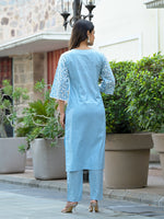 Thumbnail for Varanga Women Blue Chikankari Embroidered V Neck Kurta Set With Dupatta - Distacart