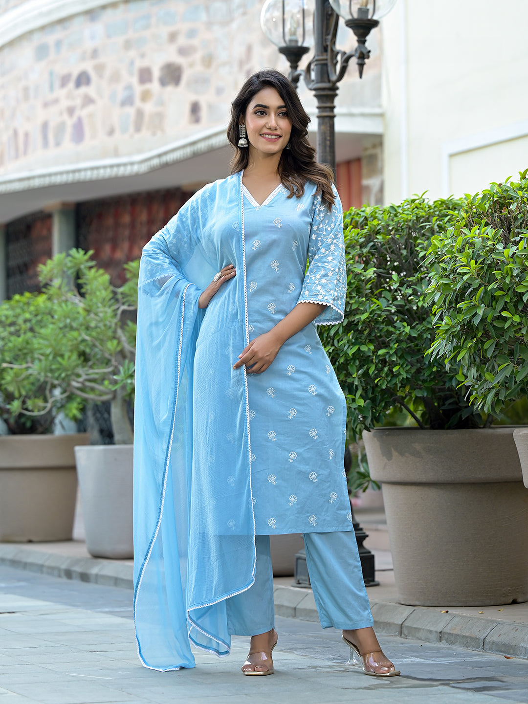 Varanga Women Blue Chikankari Embroidered V Neck Kurta Set With Dupatta - Distacart