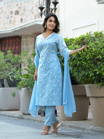 Thumbnail for Varanga Women Blue Chikankari Embroidered V Neck Kurta Set With Dupatta - Distacart