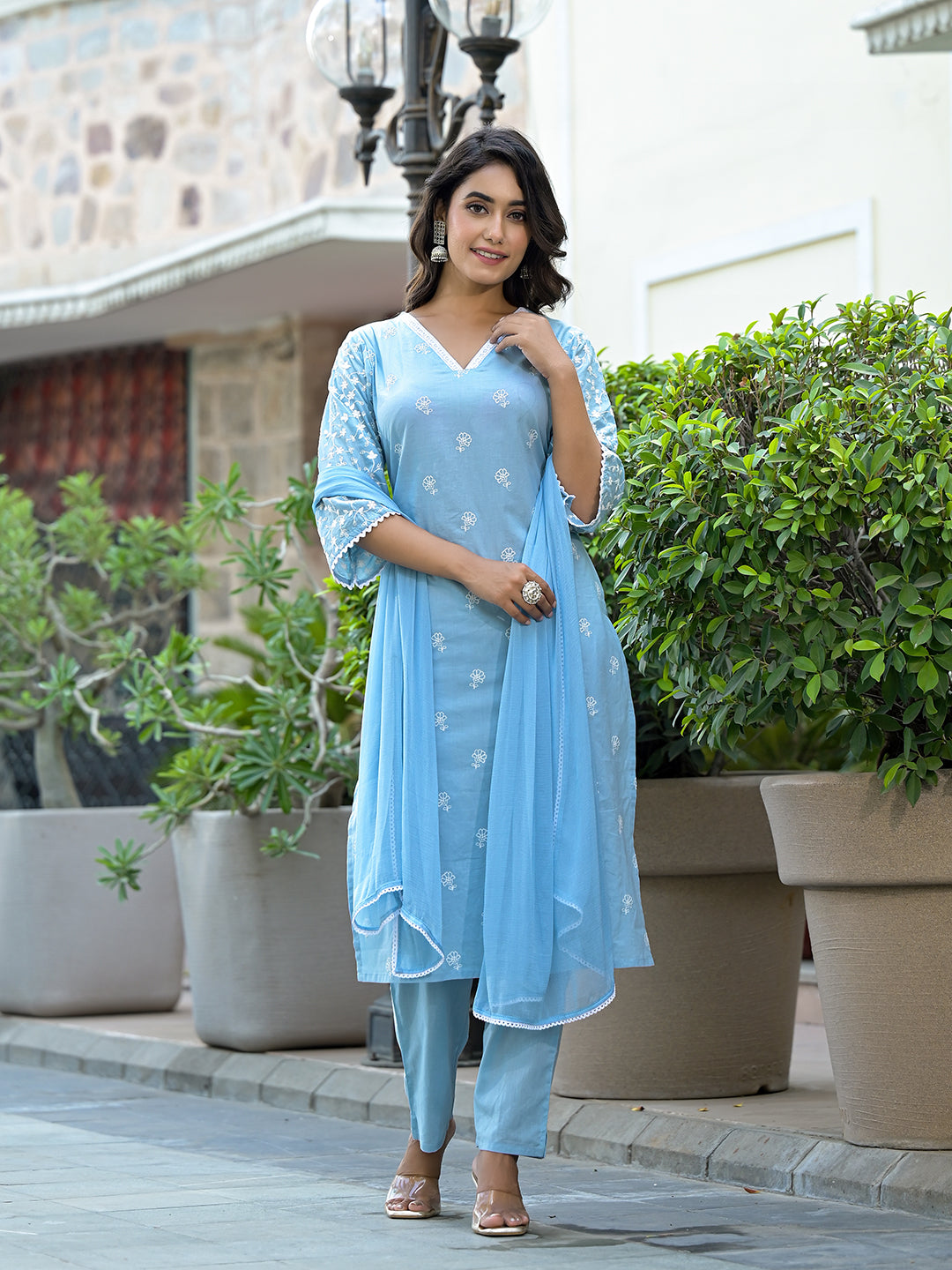 Varanga Women Blue Chikankari Embroidered V Neck Kurta Set With Dupatta - Distacart