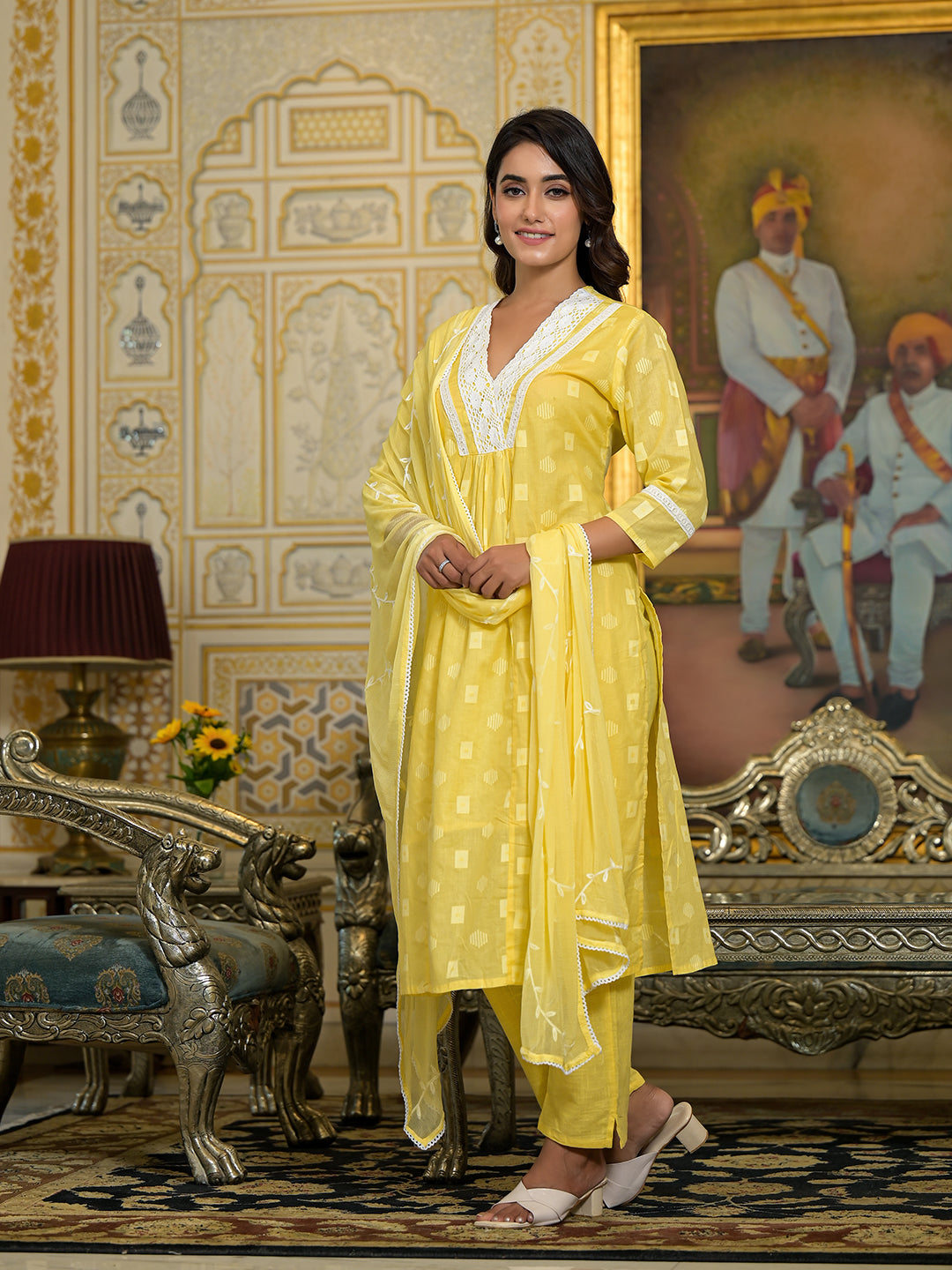 Varanga Women Yellow V Neck Embroidered Kurta Set With Dupatta - Distacart
