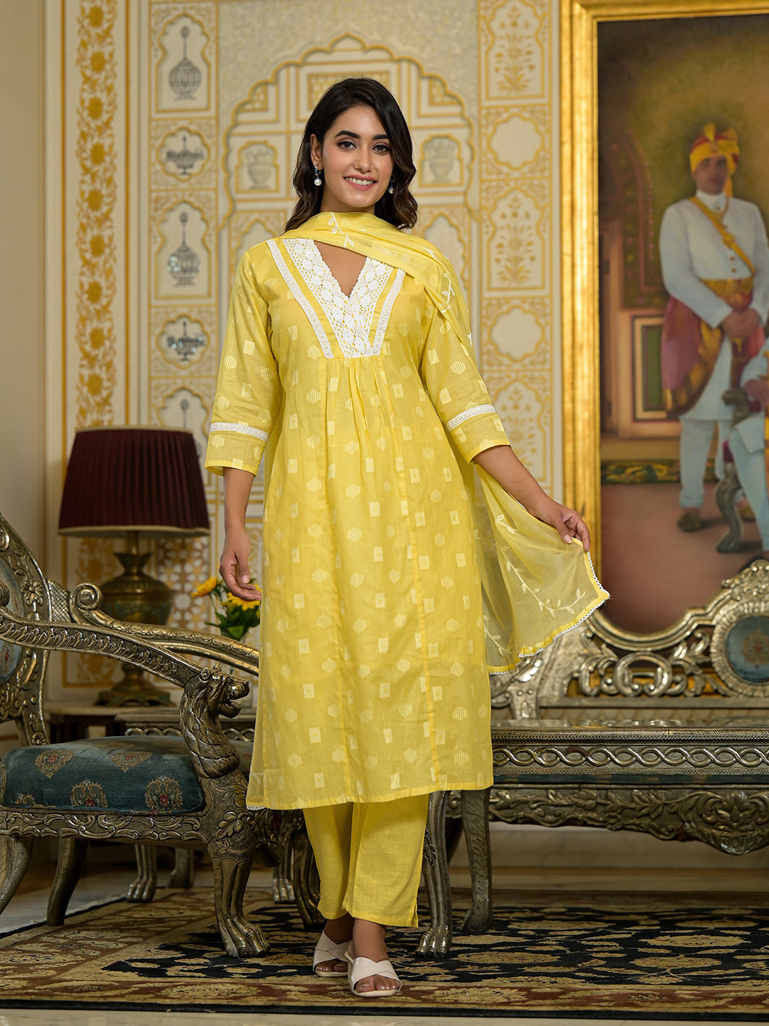 Varanga Women Yellow V Neck Embroidered Kurta Set With Dupatta - Distacart