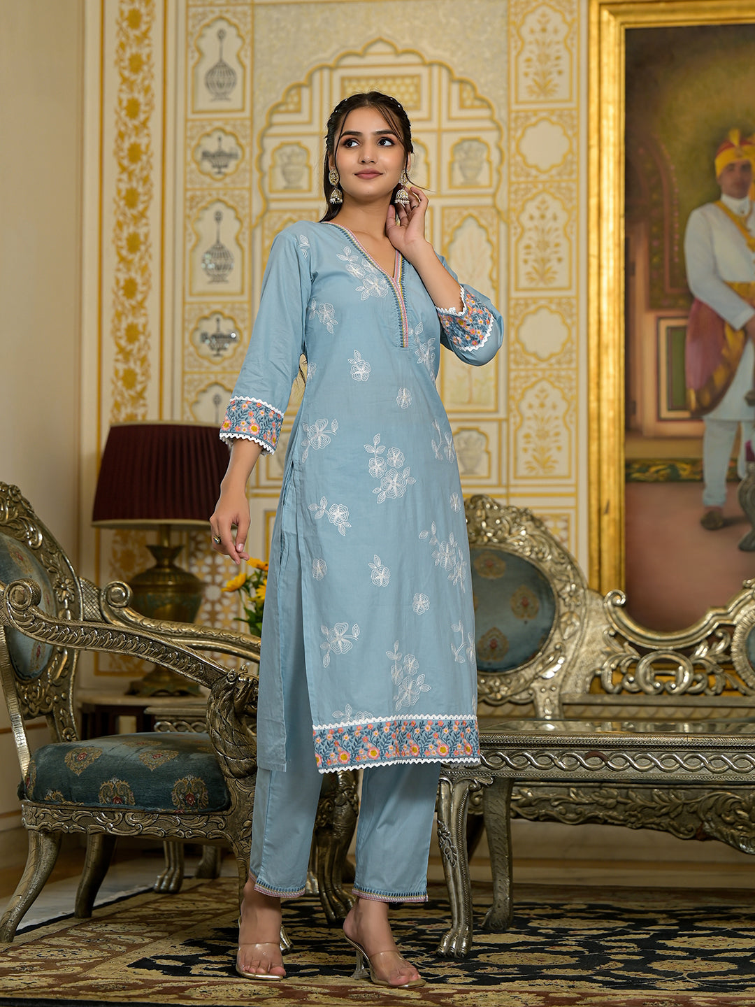 Varanga Women Blue Chikankari Embroidered Kurta Set With Dupatta - Distacart