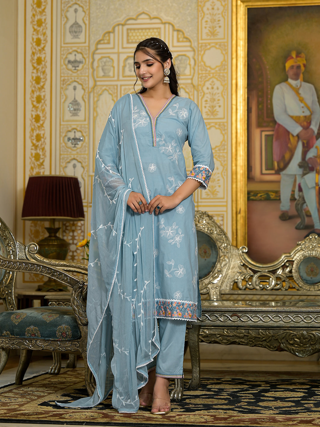 Varanga Women Blue Chikankari Embroidered Kurta Set With Dupatta - Distacart