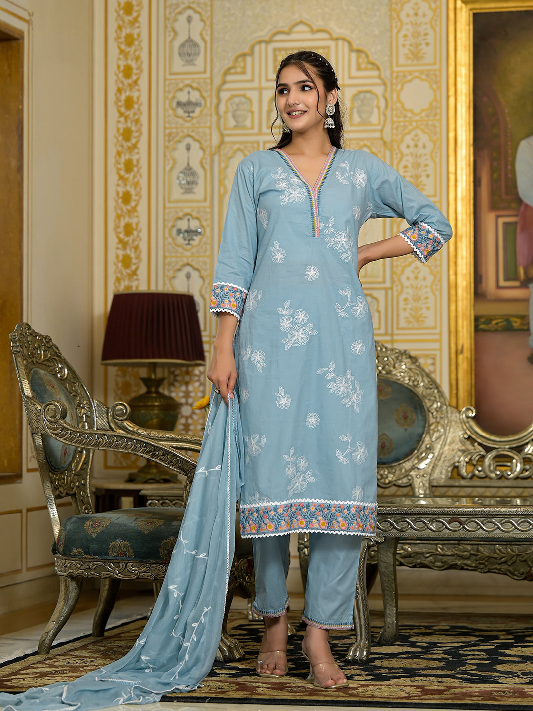 Varanga Women Blue Chikankari Embroidered Kurta Set With Dupatta - Distacart