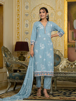 Thumbnail for Varanga Women Blue Chikankari Embroidered Kurta Set With Dupatta - Distacart