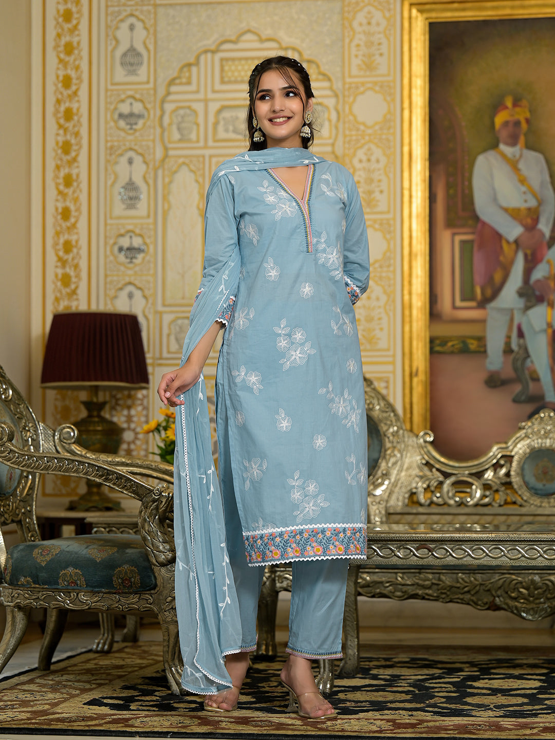 Varanga Women Blue Chikankari Embroidered Kurta Set With Dupatta - Distacart