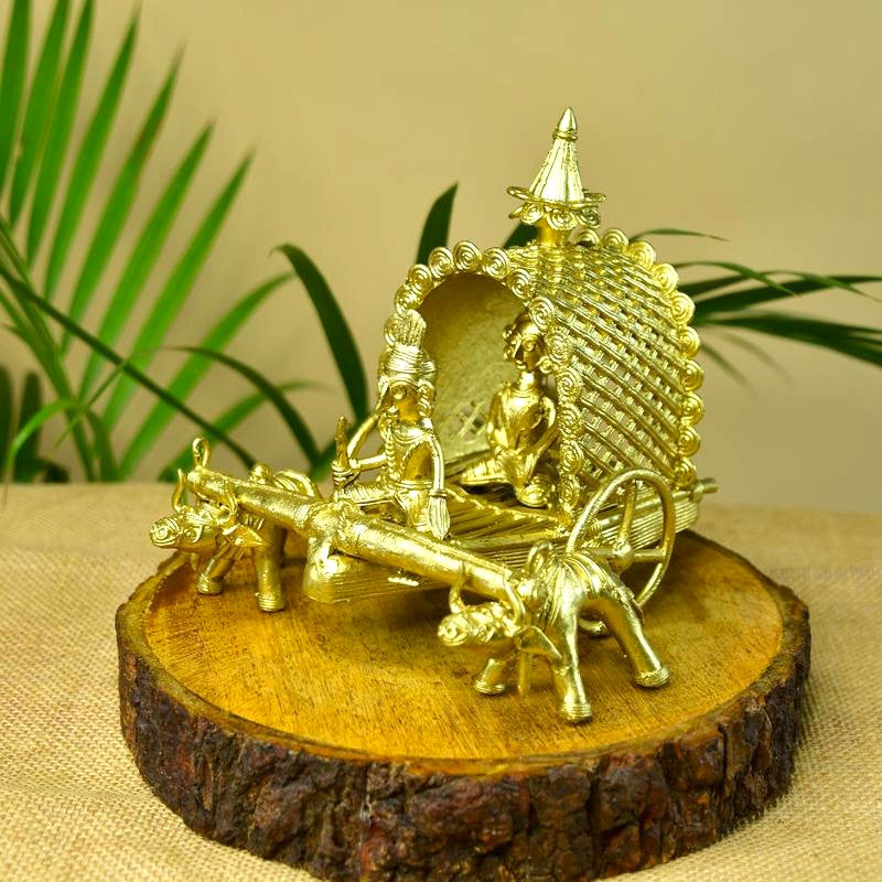 Sowpeace Handmade Dhokra Large Dhokra Craft / Cow Cart Brass Decor tabletop showpiece/figurine made of brass, by artisans, for home decoration and gifting (24cm, large, gold)
