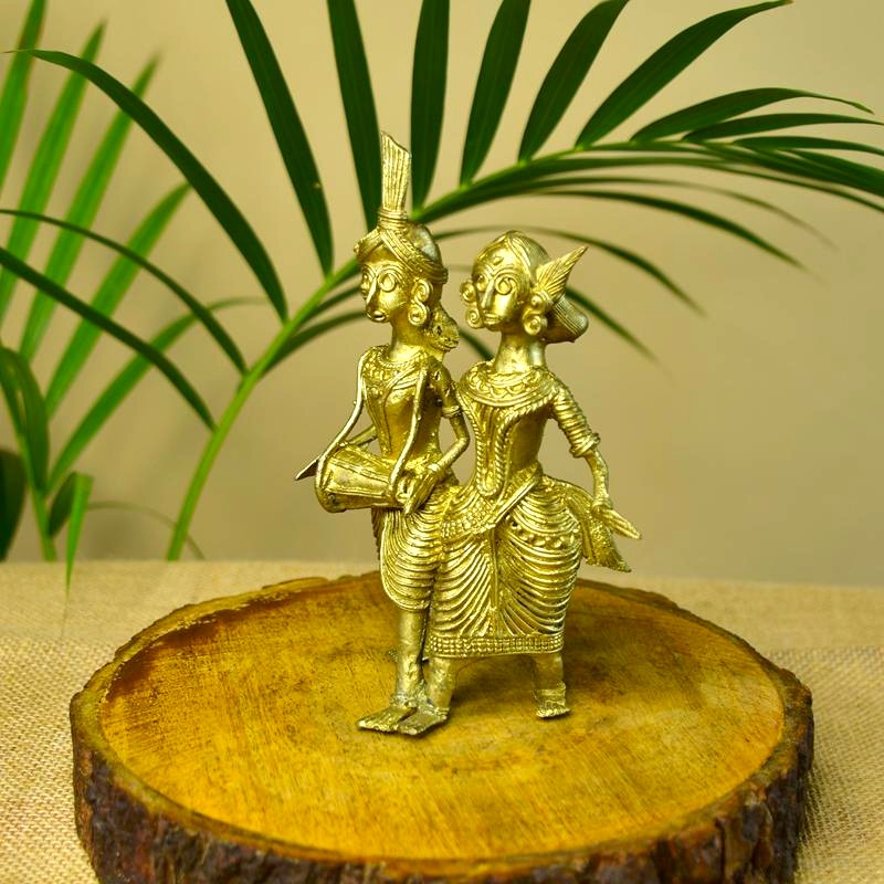 Sowpeace Artisanal Brass Dhokra Sculpture: Tribal Couple with Dhol