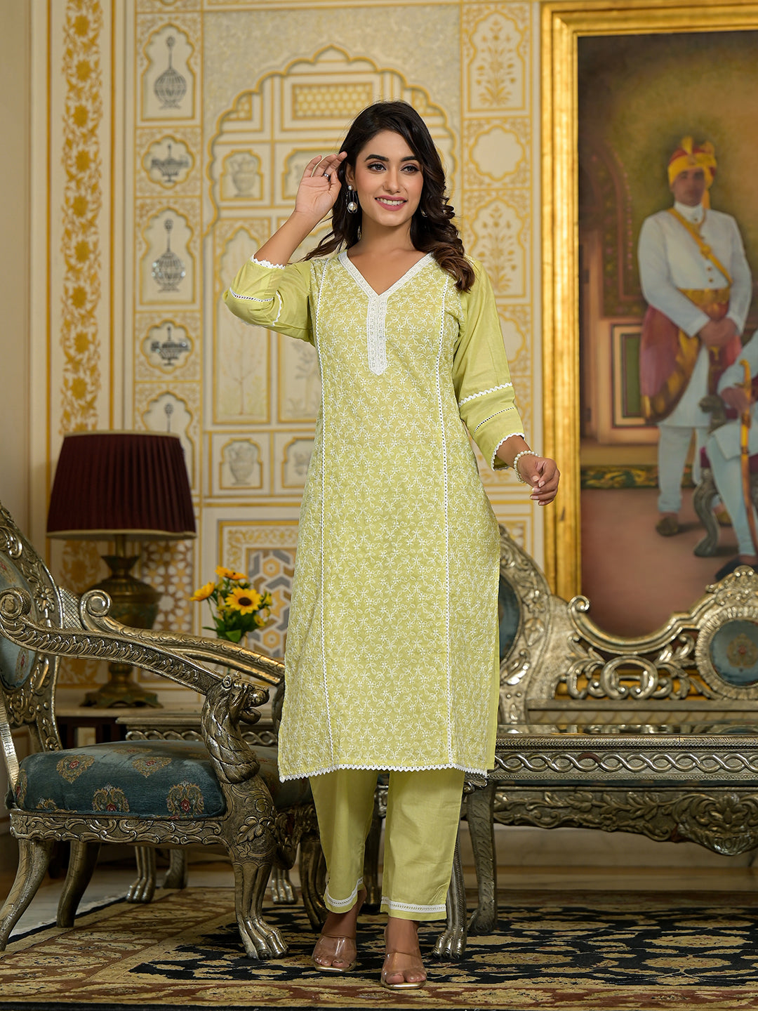 Varanga Women Lime Green Chikankari Embroidered Kurta Set With Dupatta - Distacart
