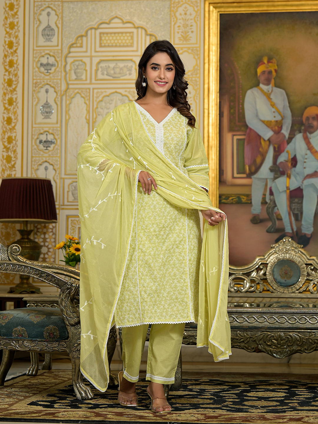 Varanga Women Lime Green Chikankari Embroidered Kurta Set With Dupatta - Distacart