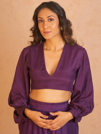 Thumbnail for trueBrowns Silk Purple Gathered Sleeve Blouse - Distacart