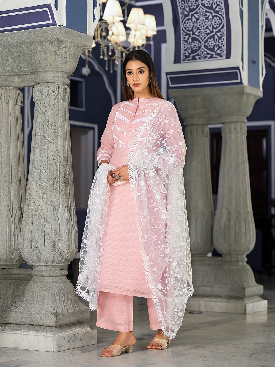 Varanga Women Pink Kota Check Cotton Lace Detailed Kurta Paired With Bottom And Dupatta - Distacart