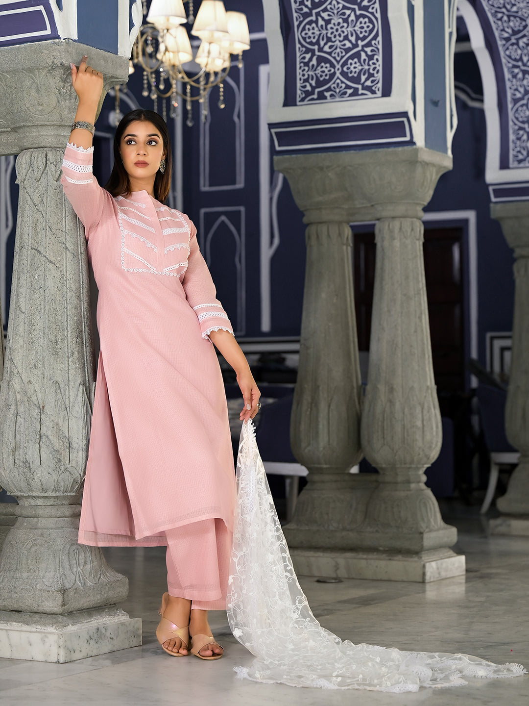 Varanga Women Pink Kota Check Cotton Lace Detailed Kurta Paired With Bottom And Dupatta - Distacart