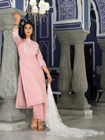 Thumbnail for Varanga Women Pink Kota Check Cotton Lace Detailed Kurta Paired With Bottom And Dupatta - Distacart