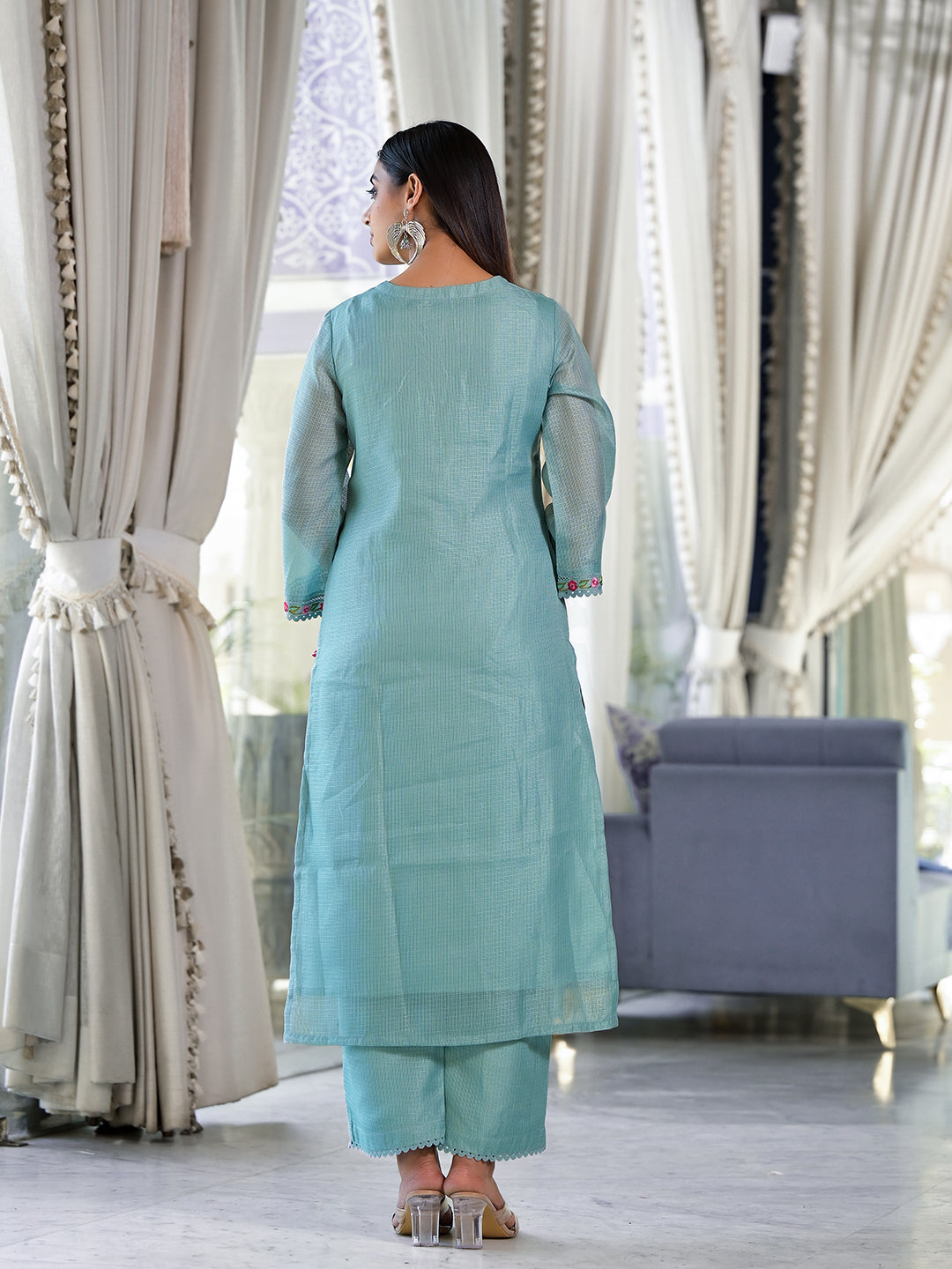 Varanga Women Sea Green Kota Check Thread Embroidered Kurta With Bottom And Dupatta - Distacart