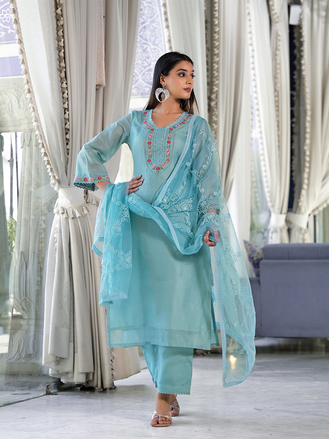 Varanga Women Sea Green Kota Check Thread Embroidered Kurta With Bottom And Dupatta - Distacart