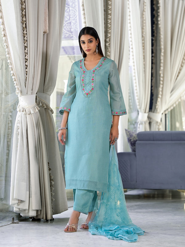 Varanga Women Sea Green Kota Check Thread Embroidered Kurta With Bottom And Dupatta - Distacart